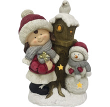 Figurine décorative avec fille, bonhomme de neige et nichoir comme décoration de Noël