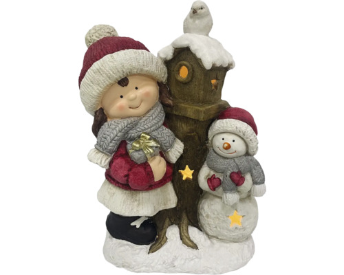 Figurine décorative avec fille, bonhomme de neige et nichoir comme décoration de Noël