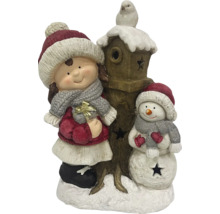 Groupe de figurines d''hiver décoratives avec fille, bonhomme de neige et nichoir