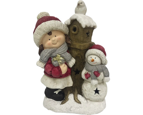 Groupe de figurines d''hiver décoratives avec fille, bonhomme de neige et nichoir
