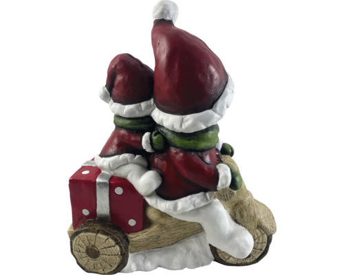 Décoration de Noël avec deux lutins sur une moto avec un cadeau