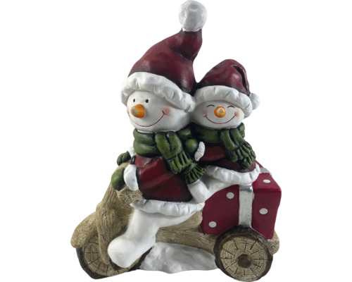 Figurine décorative : deux bonhommes de neige sur un traîneau en bois avec un cadeau