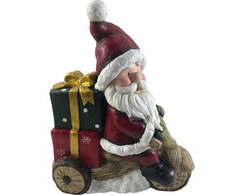 Figurine de Père Noël sur véhicule en bois avec cadeaux