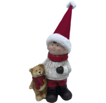 Figurine décorative garçon avec ours en peluche et bonnet de Noël
