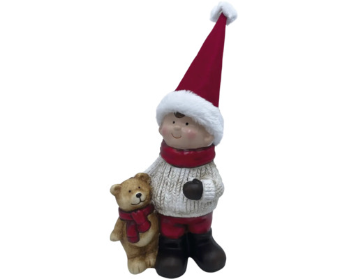 Figurine décorative garçon avec ours en peluche et bonnet de Noël