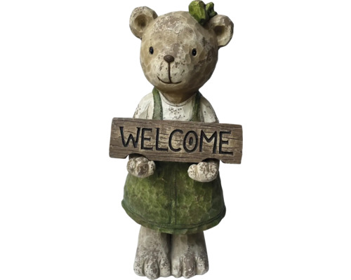 Figurine décorative Lafiora Ours Welcome 1 36 x 35 x 85 cm marron vert Figurine d''ours décorative avec panneau de bienvenue pour le jardin