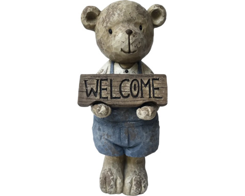 Figurine décorative Lafiora Ours Welcome 2 28 x 25 x 65 cm marron bleu Figurine d''ours décorative avec panneau de bienvenue pour le jardin