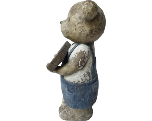 Figurine d''ours décorative en pierre artificielle avec salopette et planche de bois