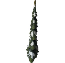 Dekorativer, grüner Weihnachtsbaum mit goldenem Schmuck und Schnee