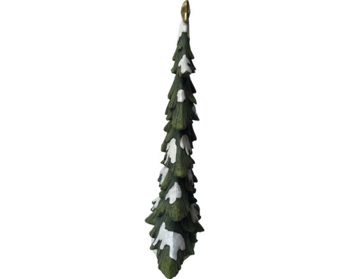 Dekorativer, grüner Weihnachtsbaum mit goldenem Schmuck und Schnee