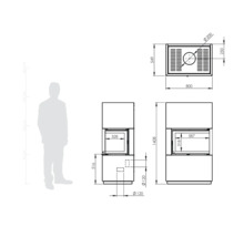 Schéma technique d''un poêle-cheminée avec indications de dimensions