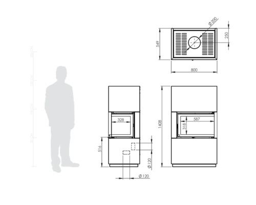 Schéma technique d''un poêle-cheminée avec indications de dimensions