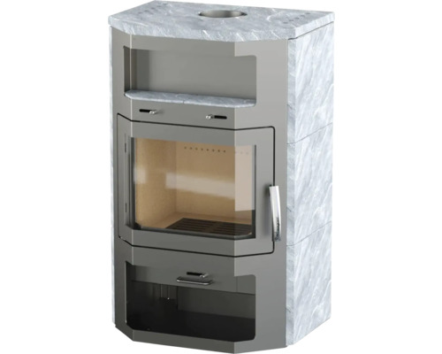 Poêle à bois avec fenêtre de visualisation et compartiment de rangement