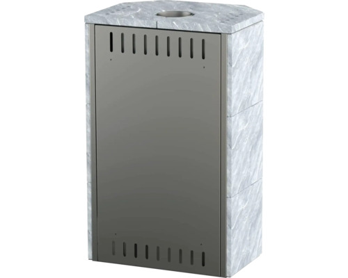 Poêle de sauna avec revêtement en pierre et éléments métalliques