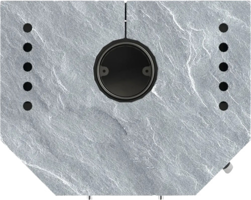 Vue détaillée d''un receveur de douche en pierre avec évacuation et perçages