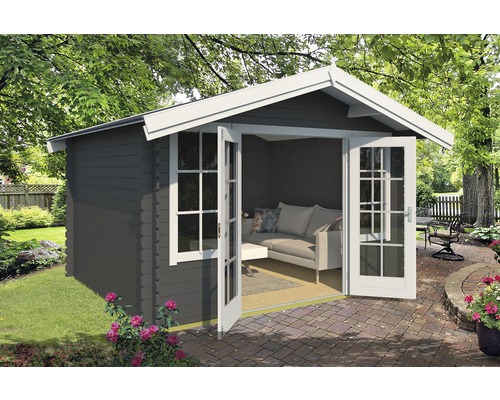 Abri de jardin avec portes doubles et fenêtres ouvertes