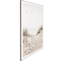 Gerahmtes Bild mit Strandmotiv, zeigt Sand, Gras und fliegende Vögel