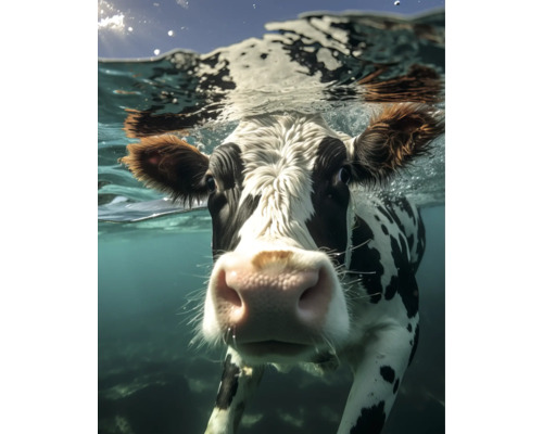 Panneau décoratif Vache sous l’eau 40x50 cm Vache tachetée noire et blanche sous l''eau.