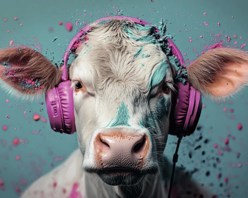Porträt einer Kuh mit Kopfhörern