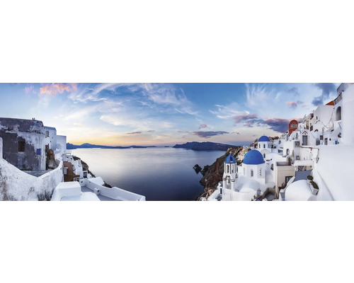 Tableau sur toile Santorini 150x50 cm Photo panoramique de Santorin avec des maisons blanches traditionnelles et des dômes bleus au bord de la mer