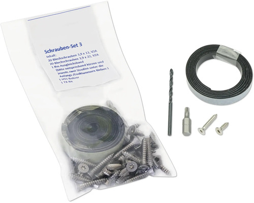 Schrauben Set mit Blechschrauben, Ausgleichsband, HSS Bohrer und Bit
