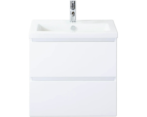 Meuble sous-vasque blanc avec deux tiroirs et robinetterie