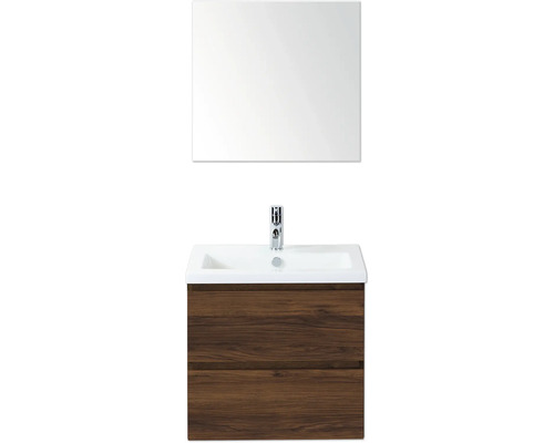 Sanox Badmöbel-Set Vogue BxHxT 60 cm x 170 cm x 41 cm Frontfarbe walnuss Waschtisch mit Holzunterschrank, Waschbecken, Spiegel und Armatur für das Badezimmer
