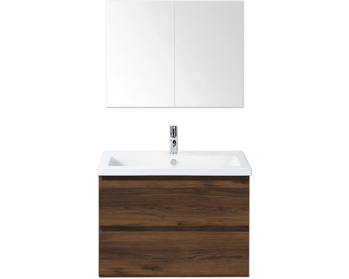 Ensemble de meubles de salle de bains Sanox Vogue lxhxp 80 cm x 170 cm x 41 cm couleur de façade noyer Meuble-lavabo avec miroir, meuble sous-lavabo avec deux tiroirs