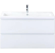 Meuble sous-lavabo blanc avec deux tiroirs et lavabo à poser avec robinet