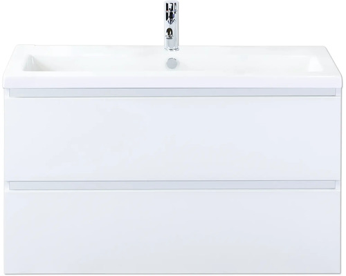 Meuble sous-lavabo blanc avec deux tiroirs et lavabo à poser avec robinet