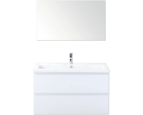 Weisser Waschtisch mit Spiegel und zwei Schubladen für Badezimmer