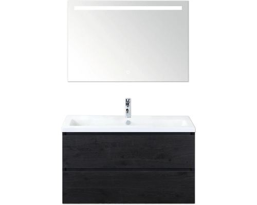 Ensemble de meubles de salle de bains Sanox Vogue lxhxp 100 cm x 170 cm x 41 cm couleur de façade black oak Combinaison de lavabo avec miroir et meuble sous-lavabo