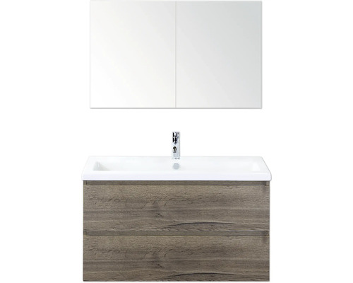 Ensemble de meubles de salle de bains Sanox Vogue lxhxp 100 cm x 170 cm x 41 cm couleur de façade tabacco Meuble sous-lavabo avec deux tiroirs, lavabo et armoire de toilette