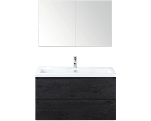 Ensemble de meubles de salle de bains Sanox Vogue lxhxp 100 cm x 170 cm x 41 cm couleur de façade black oak Meuble-lavabo avec armoire de toilette et deux tiroirs