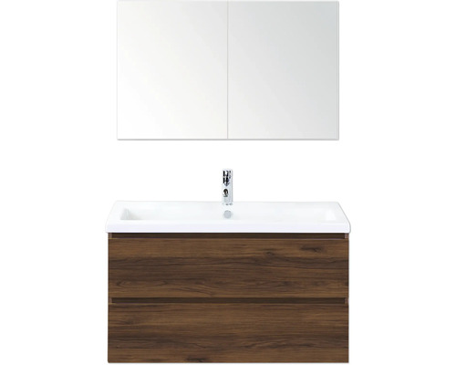 Combinaison de lavabo avec armoire de toilette et décor bois