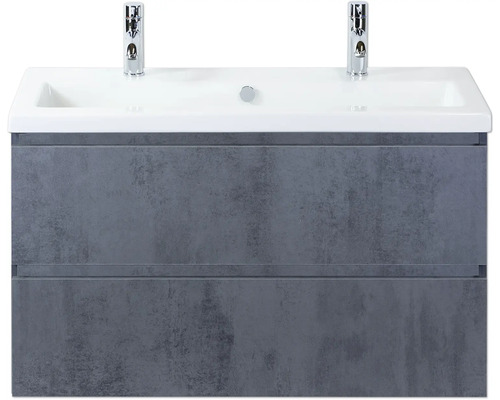 Meuble sous-lavabo avec deux tiroirs, lavabo et robinets