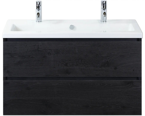 Meuble sous-vasque avec deux tiroirs, lavabo et robinets