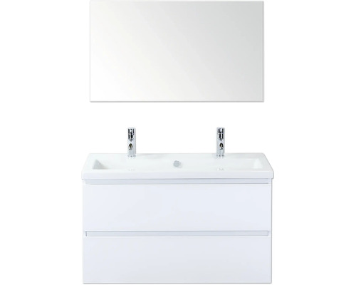 Waschtisch mit zwei Becken, Unterschrank und Spiegel für das Badezimmer