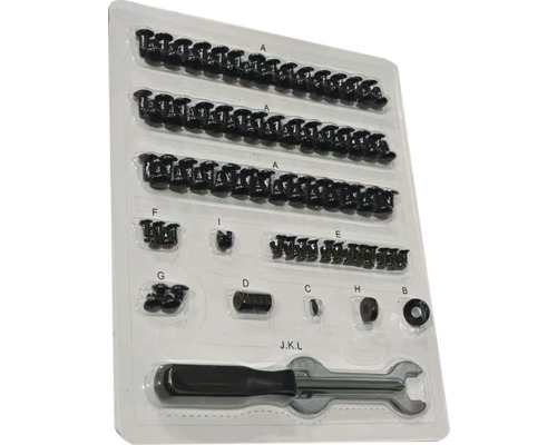 Sortiment an Befestigungselementen mit Schraubenschlüssel in einer Kunststoffverpackung