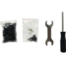 Deux sachets de vis, une clé et un tournevis