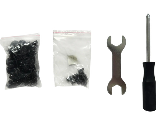 Deux sachets de vis, une clé et un tournevis