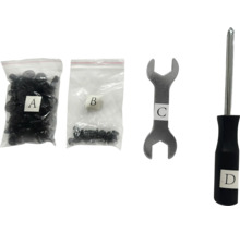 Ensemble avec rivets en plastique, vis, clé et tournevis