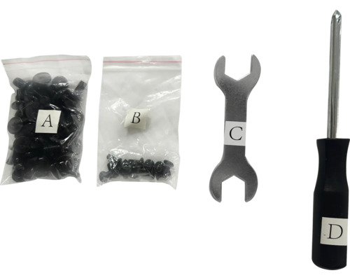 Ensemble avec rivets en plastique, vis, clé et tournevis