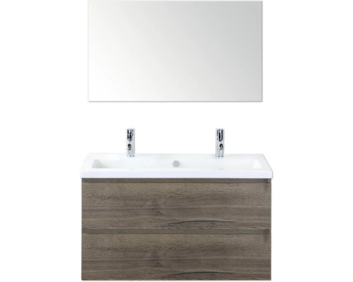 Ensemble de meubles de salle de bains Sanox Vogue lxhxp 100 cm x 170 cm x 41 cm couleur de façade tabacco Meuble-lavabo avec deux vasques, miroir et meuble bas en bois