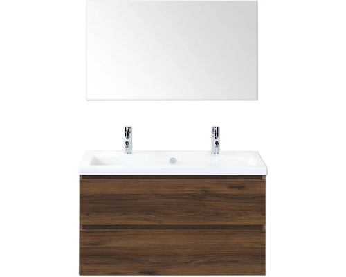 Badezimmer Waschtischkombination mit Spiegel, Unterschrank mit zwei Schubladen und zwei Armaturen