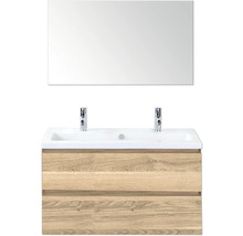 Meuble sous-vasque avec deux lavabos, deux robinets et un miroir