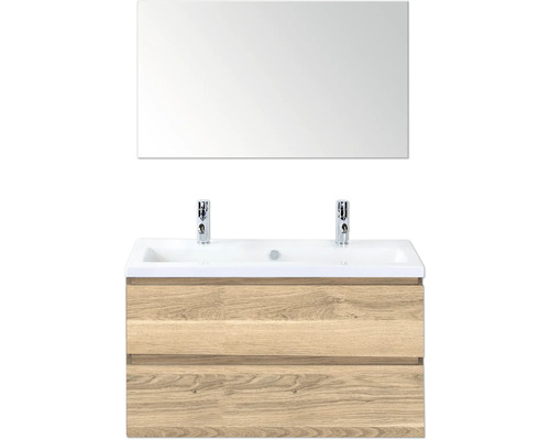 Meuble sous-vasque avec deux lavabos, deux robinets et un miroir