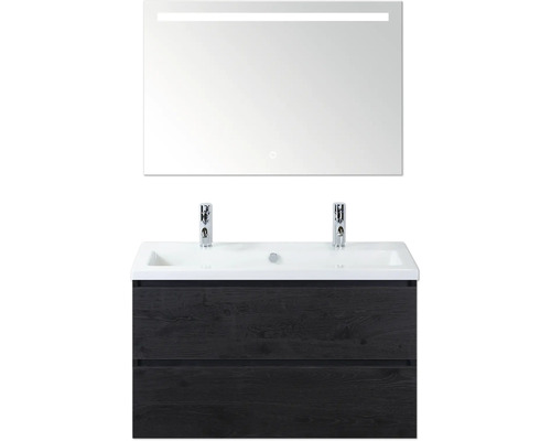 Ensemble de meubles de salle de bains Sanox Vogue lxhxp 100 cm x 170 cm x 41 cm couleur de façade black oak Meuble-lavabo avec miroir et deux tiroirs