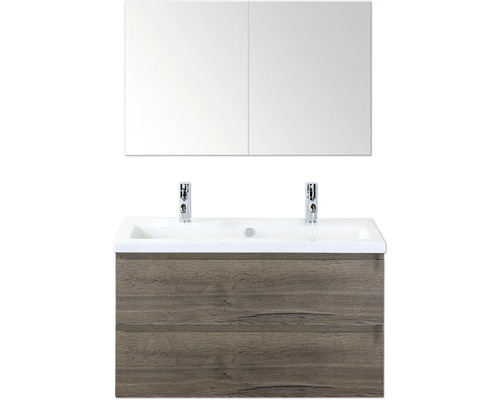 Sanox Badmöbel-Set Vogue BxHxT 100 cm x 170 cm x 41 cm Frontfarbe tabacco Waschtisch mit Unterschrank, zwei Becken und Spiegelschrank