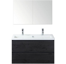 Waschtischunterschrank mit zwei Waschbecken, Armaturen und Spiegelschrank